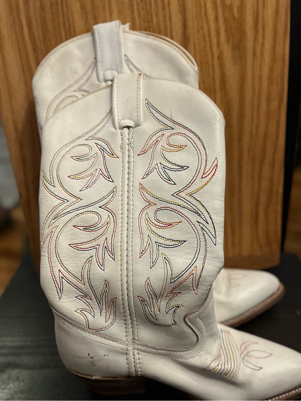 Vintage Double H White Leather Cowgirl Boots Multicolored Stitching Sz 8